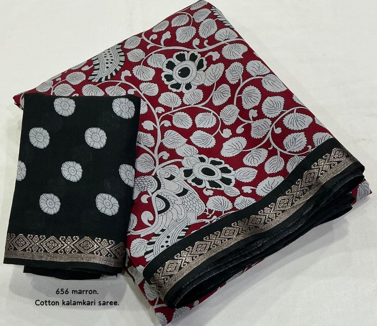 Soft Cotton Kalamkari Printed Zari Woven Border Saree with Running Butti Blouse