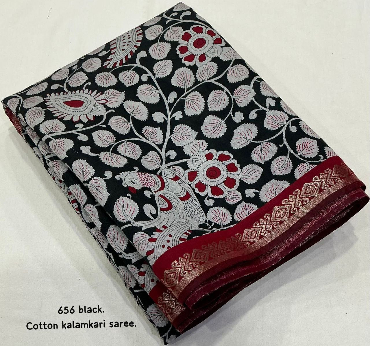 Soft Cotton Kalamkari Printed Zari Woven Border Saree with Running Butti Blouse