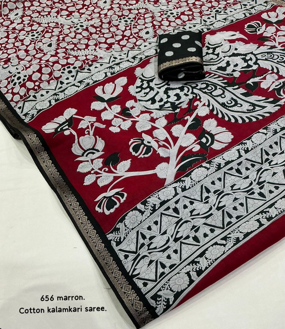 Soft Cotton Kalamkari Printed Zari Woven Border Saree with Running Butti Blouse