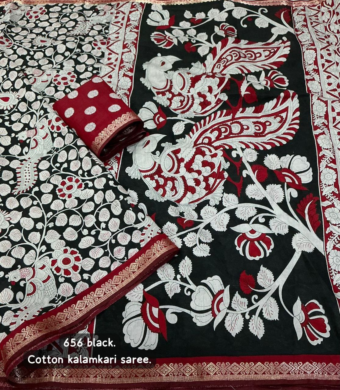 Soft Cotton Kalamkari Printed Zari Woven Border Saree with Running Butti Blouse