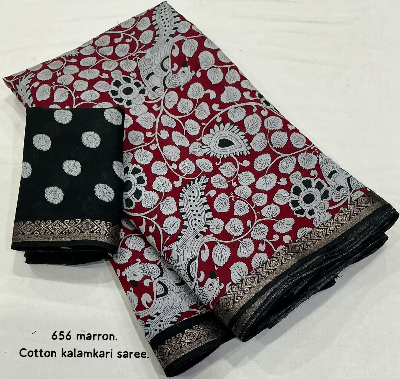 Soft Cotton Kalamkari Printed Zari Woven Border Saree with Running Butti Blouse