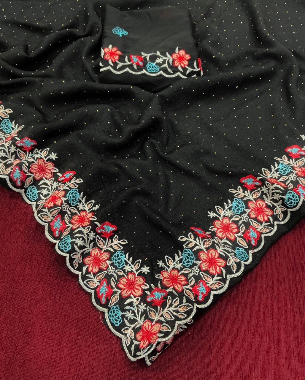 Embroidery & Siroski Work Soft Silky Chiffon Saree with Crape Silk Blouse Piece