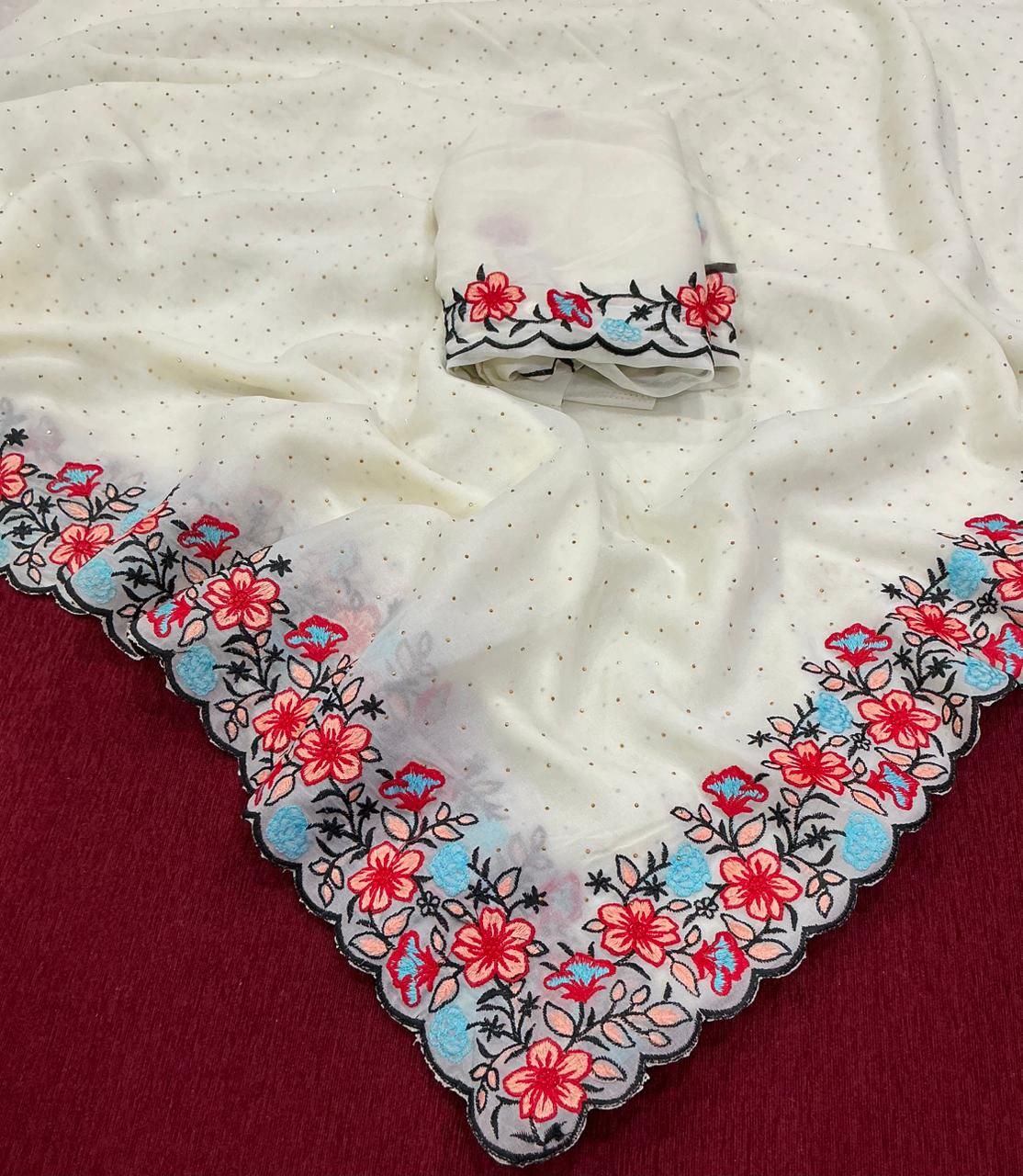 Embroidery & Siroski Work Soft Silky Chiffon Saree with Crape Silk Blouse Piece