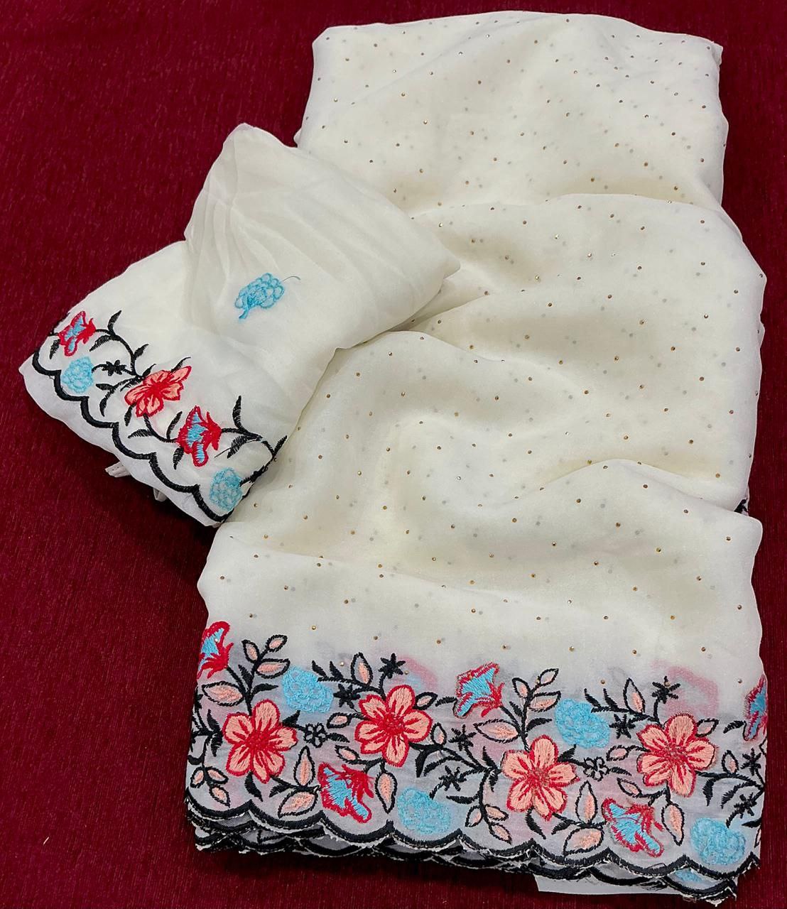 Embroidery & Siroski Work Soft Silky Chiffon Saree with Crape Silk Blouse Piece