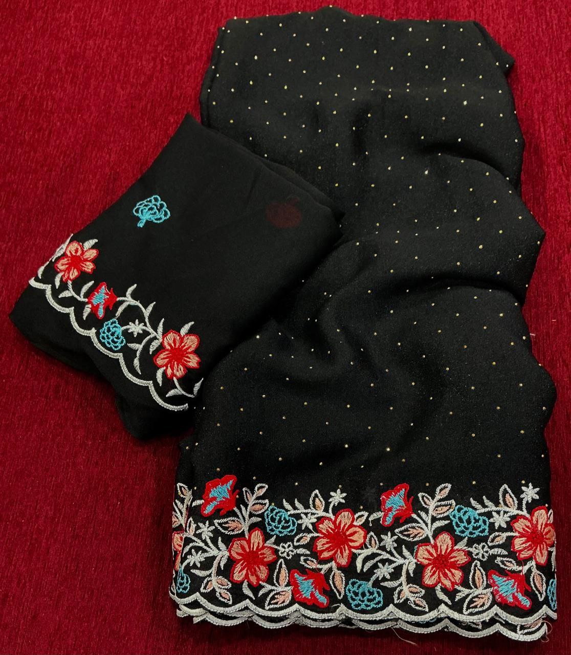 Embroidery & Siroski Work Soft Silky Chiffon Saree with Crape Silk Blouse Piece