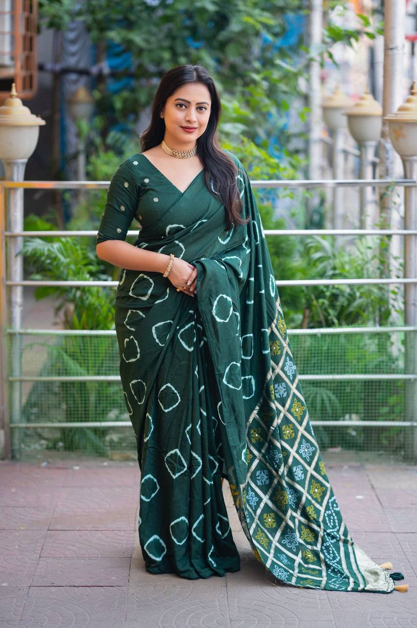 Women's Pure Viscose Cotton Crape Zari Woven Traditional Bandhani Gharchola Saree WIth Blouse