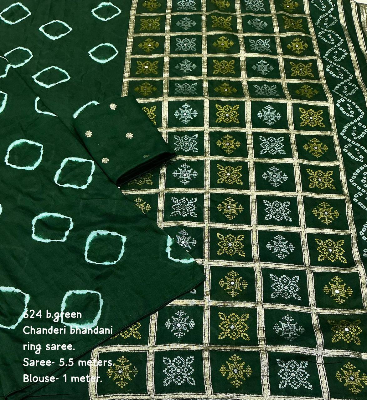 Women's Pure Viscose Cotton Crape Zari Woven Traditional Bandhani Gharchola Saree WIth Blouse