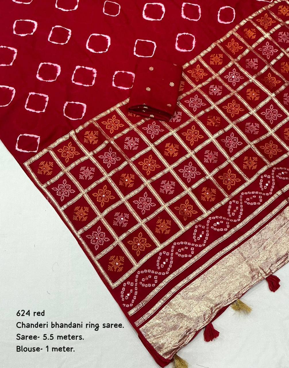 Women's Pure Viscose Cotton Crape Zari Woven Traditional Bandhani Gharchola Saree WIth Blouse