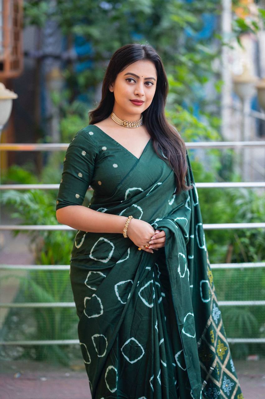 Women's Pure Viscose Cotton Crape Zari Woven Traditional Bandhani Gharchola Saree WIth Blouse