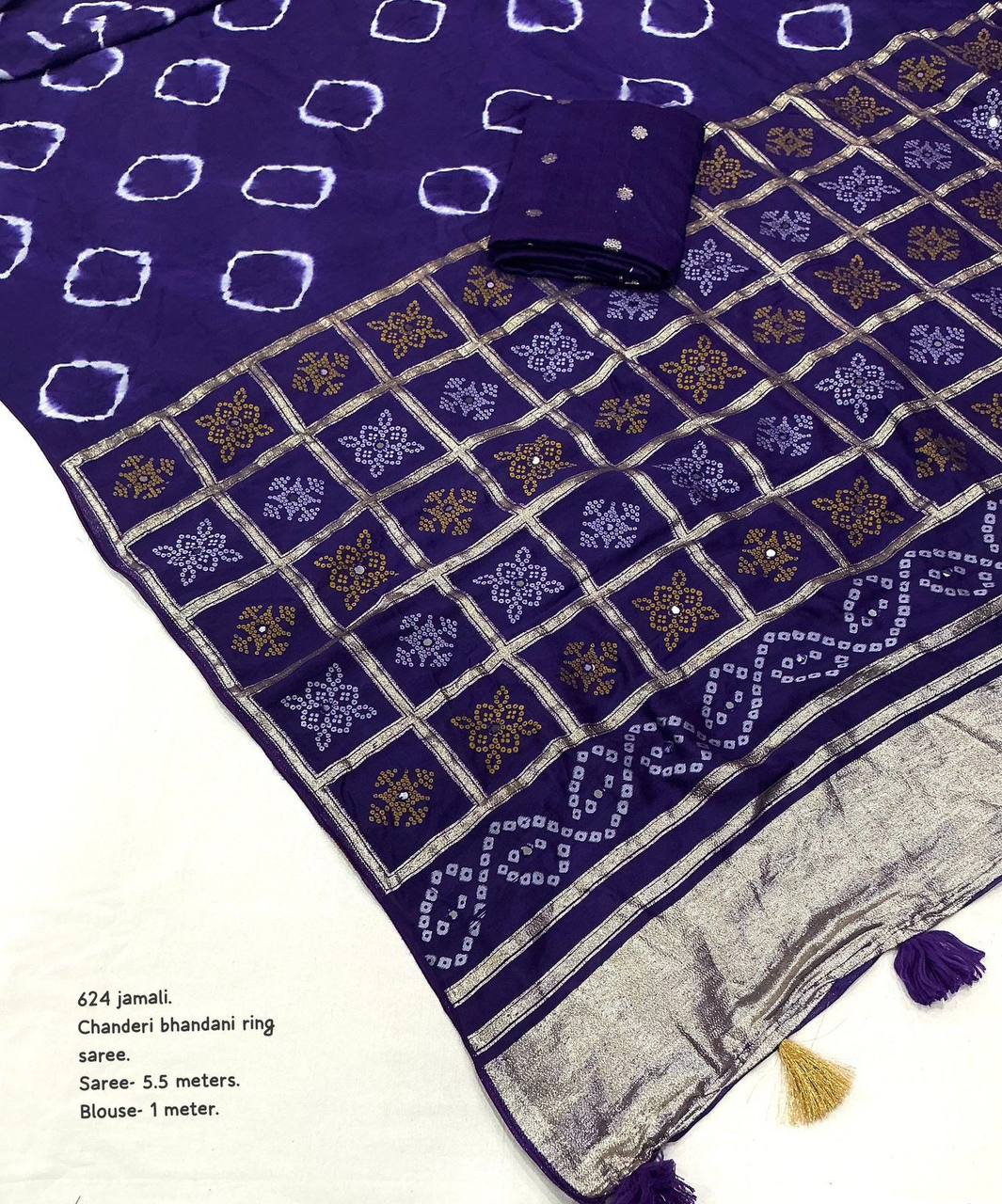 Women's Pure Viscose Cotton Crape Zari Woven Traditional Bandhani Gharchola Saree WIth Blouse