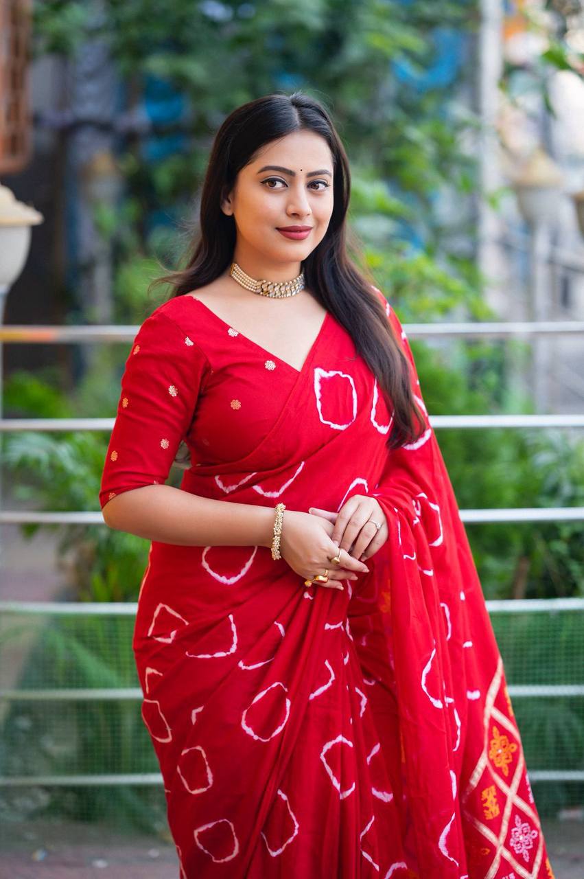 Women's Pure Viscose Cotton Crape Zari Woven Traditional Bandhani Gharchola Saree WIth Blouse