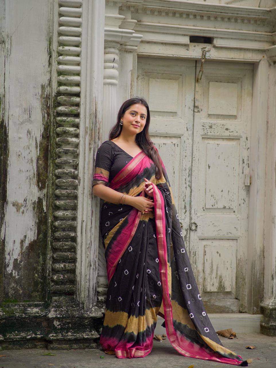 Premium Tie-Dye Bandhani Shibori Zari Woven Border Pure Chanderi Cotton Saree with Aari Mirror Work Blouse