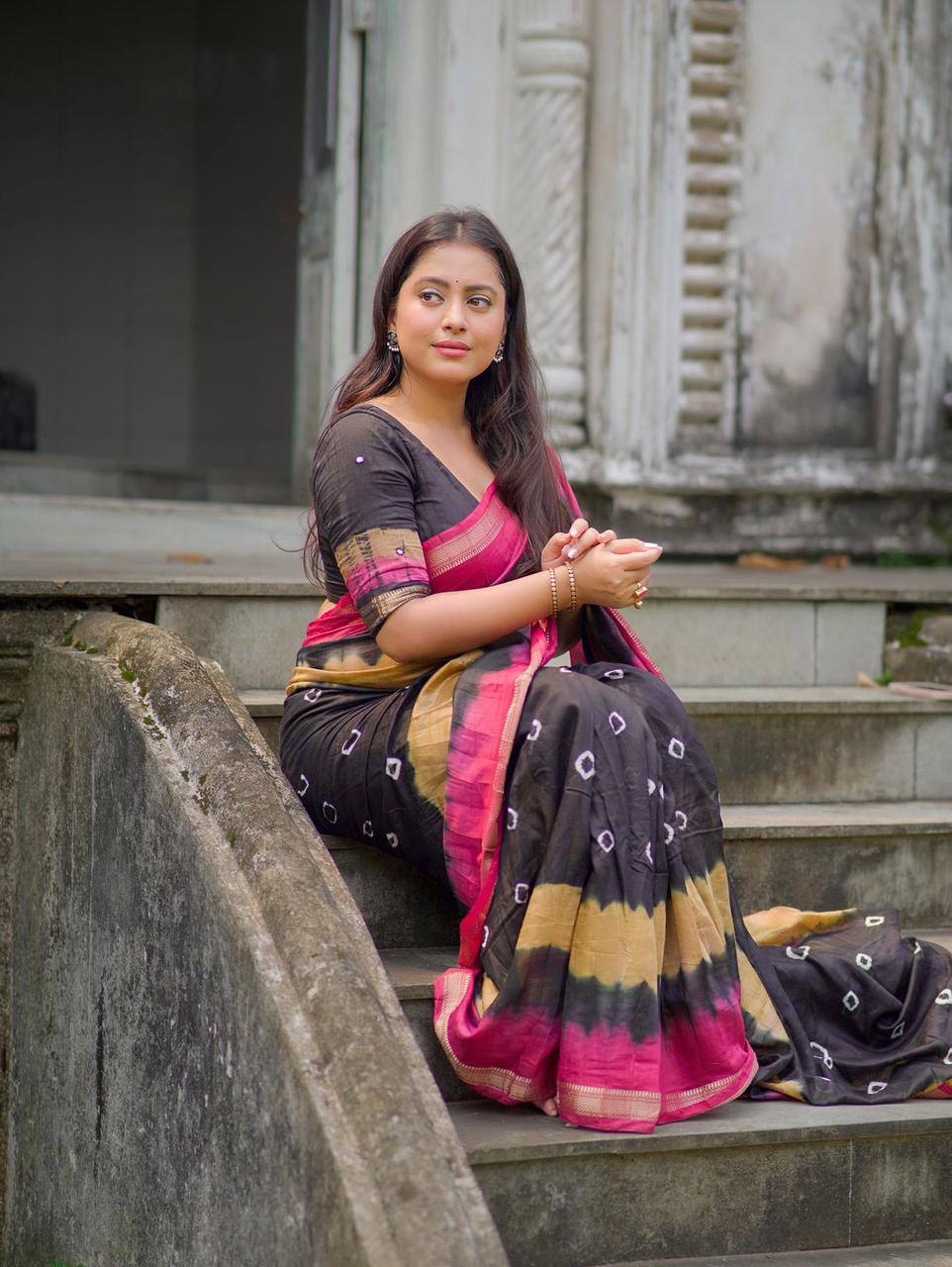 Premium Tie-Dye Bandhani Shibori Zari Woven Border Pure Chanderi Cotton Saree with Aari Mirror Work Blouse