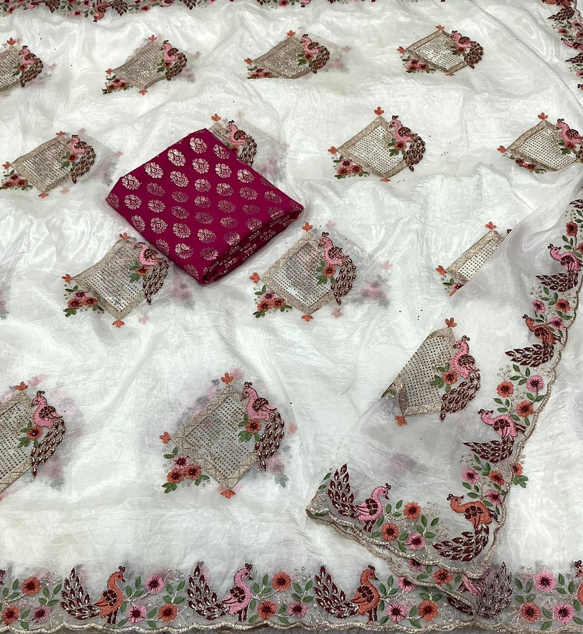 Premium Embroidery Peacock Design Stone Work Paper Crush Saree with Banarasi Zari Blouse