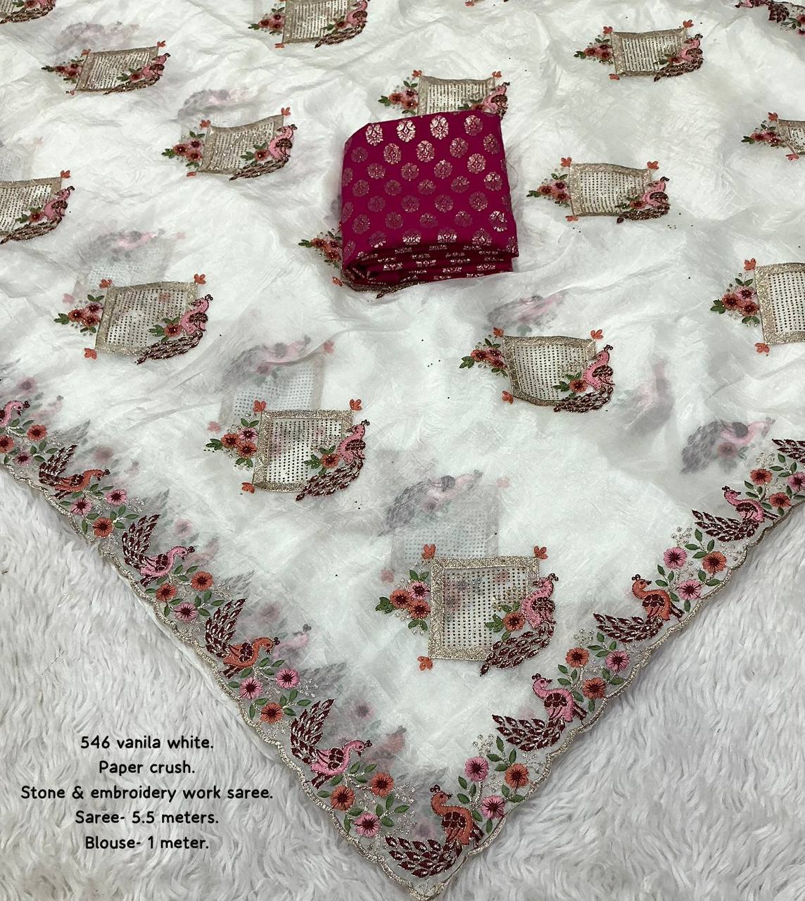 Premium Embroidery Peacock Design Stone Work Paper Crush Saree with Banarasi Zari Blouse