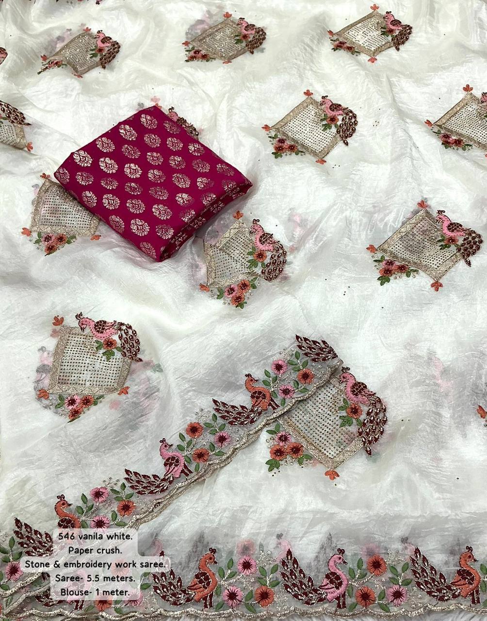 Premium Embroidery Peacock Design Stone Work Paper Crush Saree with Banarasi Zari Blouse