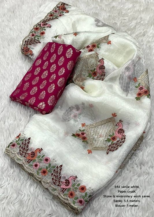 Premium Embroidery Peacock Design Stone Work Paper Crush Saree with Banarasi Zari Blouse