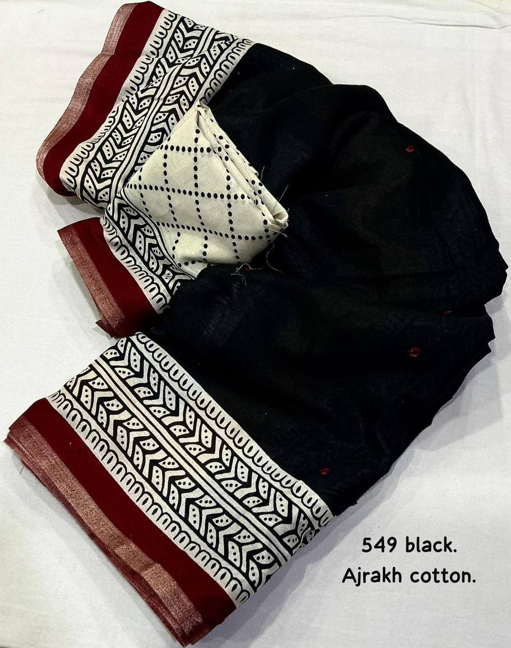 Women's Classic Zari Border and Mirror Work Ajrakh Cotton Printed Saree with Running Blouse