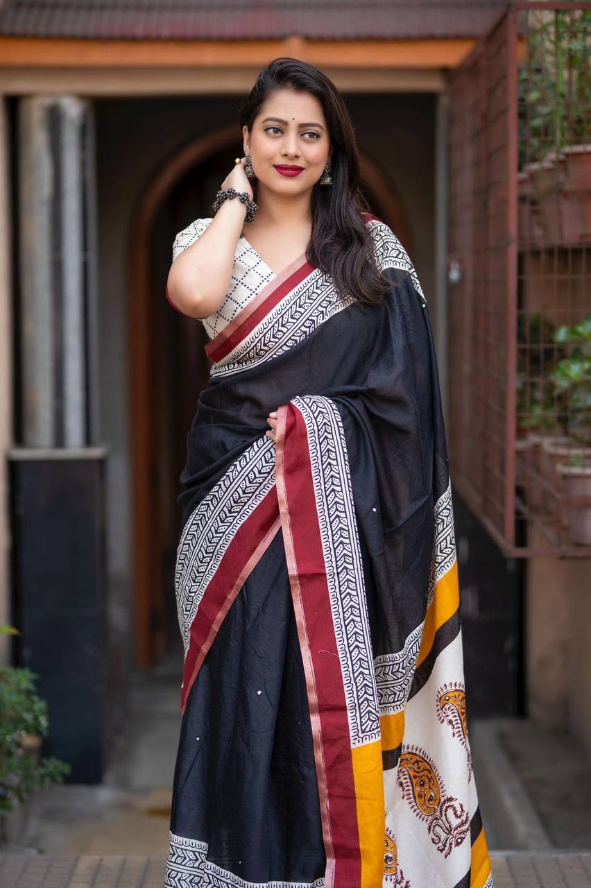 Women's Classic Zari Border and Mirror Work Ajrakh Cotton Printed Saree with Running Blouse