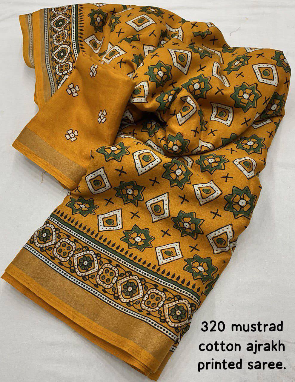 Women's Classic Zari Border and Mirror Work Ajrakh Cotton Printed Saree with Running Blouse