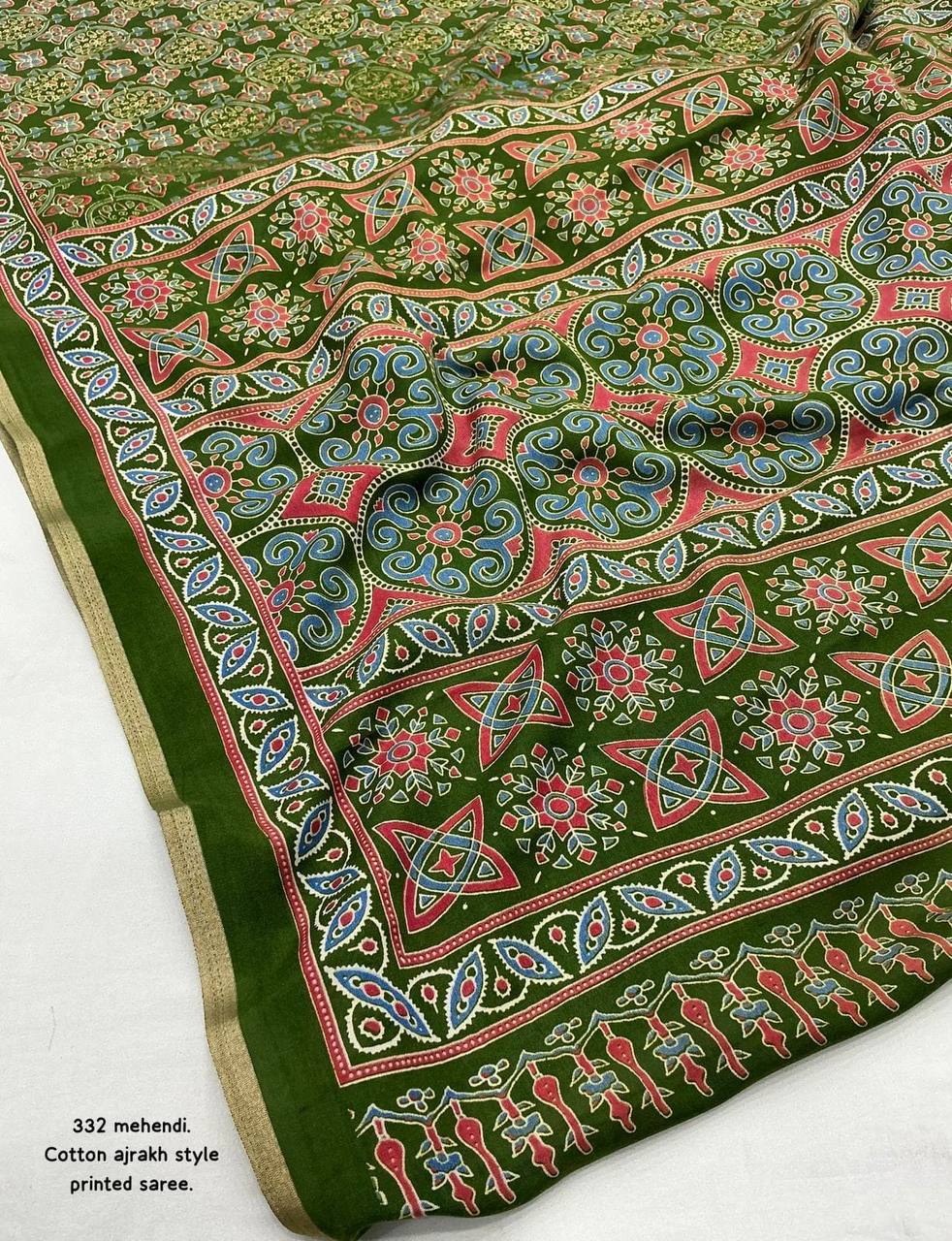 Women's Classic Zari Border and Mirror Work Ajrakh Cotton Printed Saree with Running Blouse