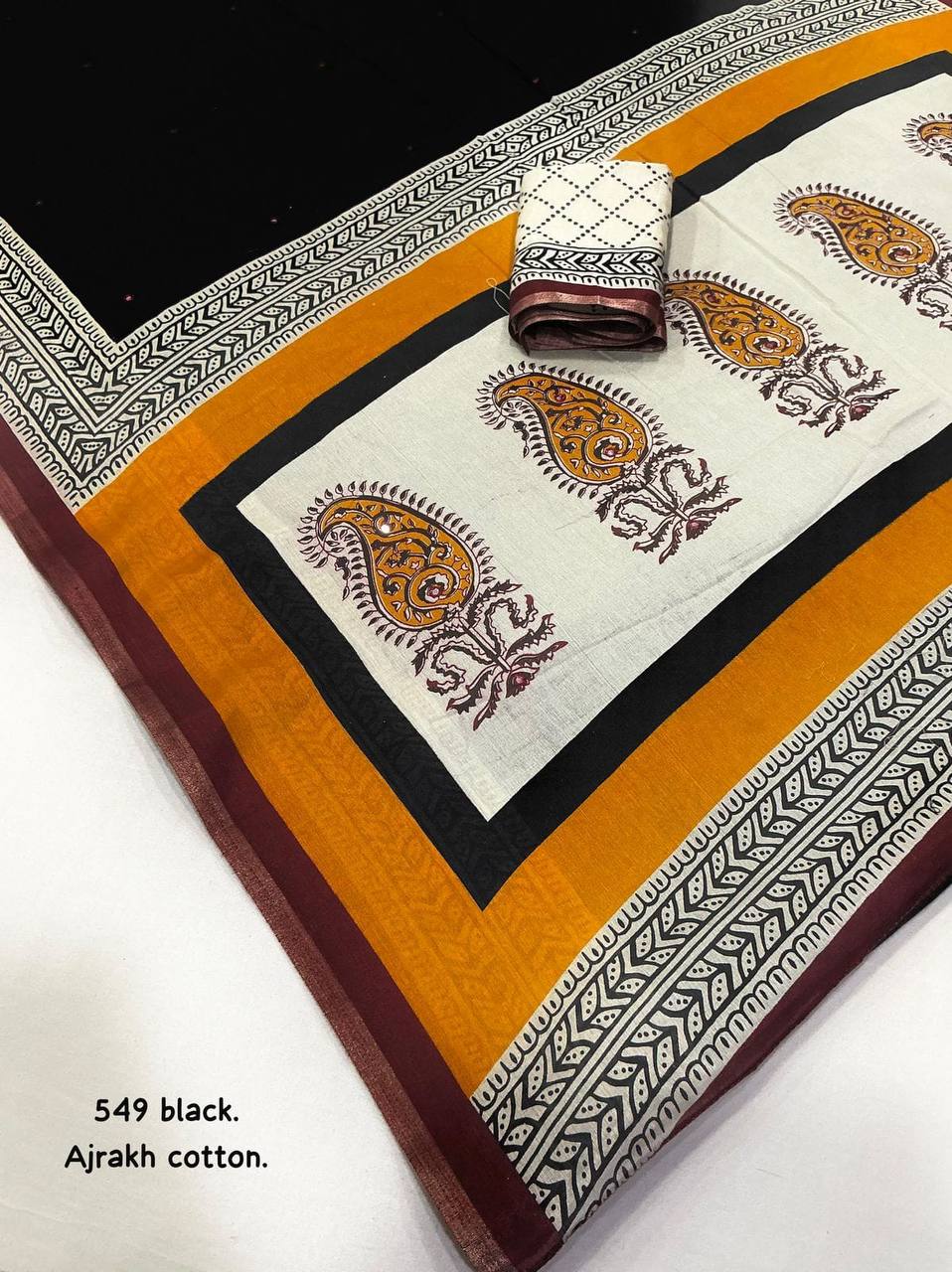 Women's Classic Zari Border and Mirror Work Ajrakh Cotton Printed Saree with Running Blouse