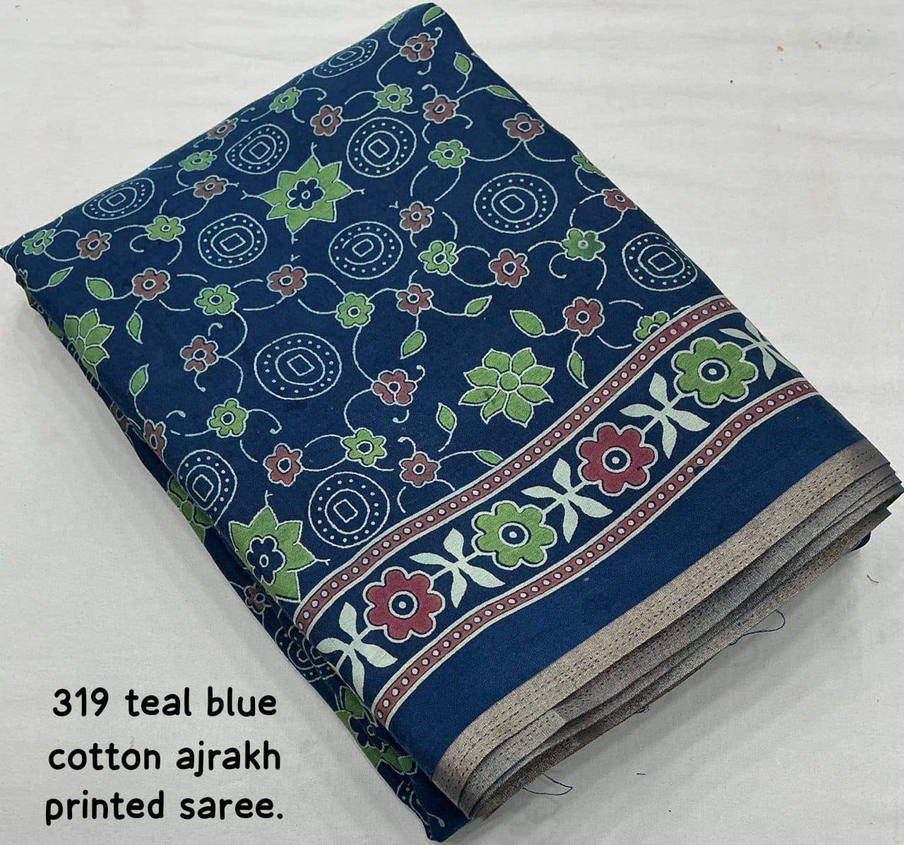 Women's Classic Zari Border and Mirror Work Ajrakh Cotton Printed Saree with Running Blouse