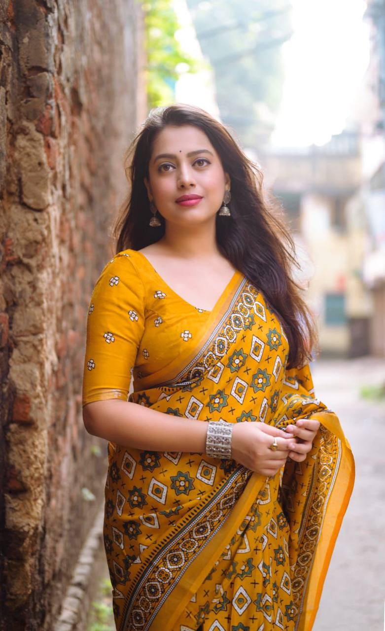 Women's Classic Zari Border and Mirror Work Ajrakh Cotton Printed Saree with Running Blouse