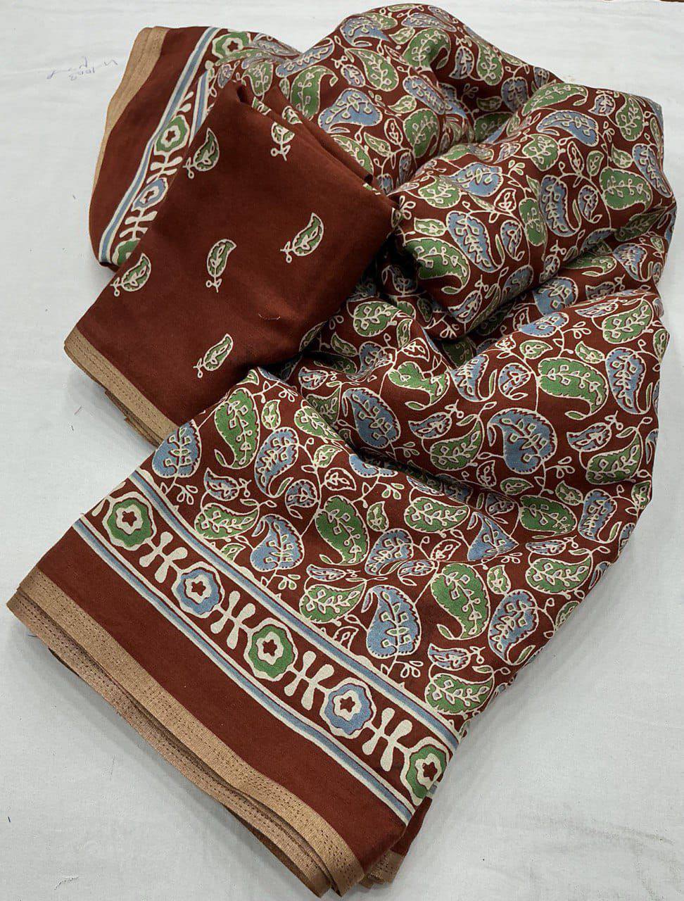 Women's Classic Zari Border and Mirror Work Ajrakh Cotton Printed Saree with Running Blouse