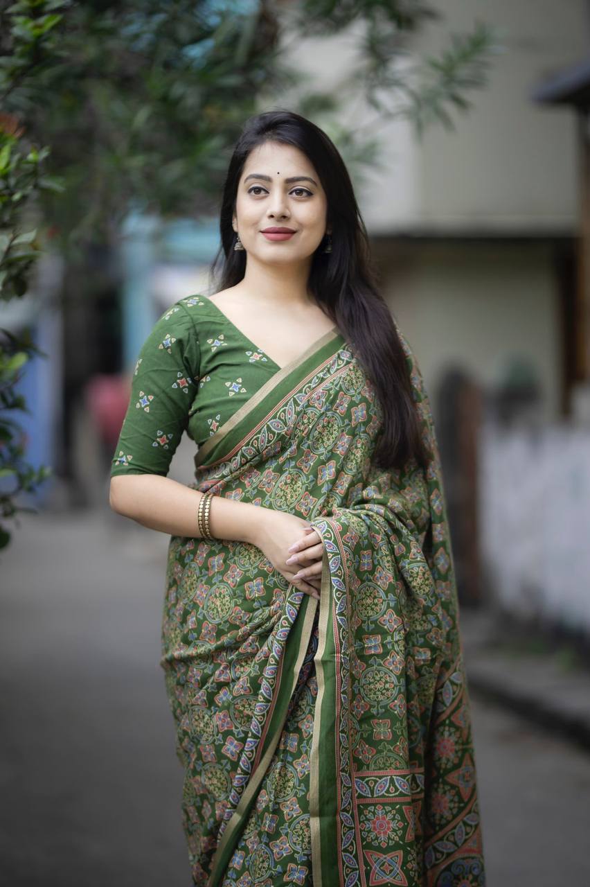 Women's Classic Zari Border and Mirror Work Ajrakh Cotton Printed Saree with Running Blouse