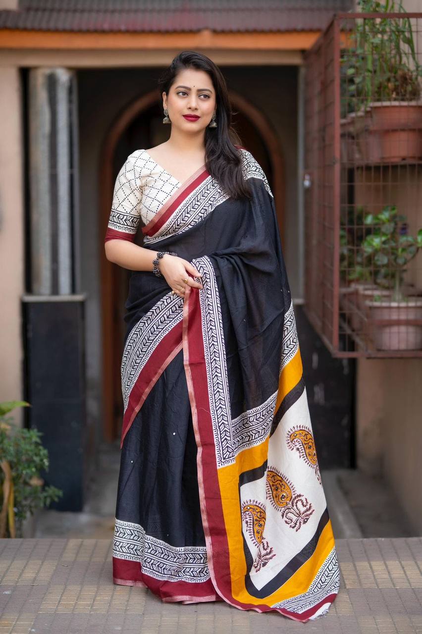 Women's Classic Zari Border and Mirror Work Ajrakh Cotton Printed Saree with Running Blouse