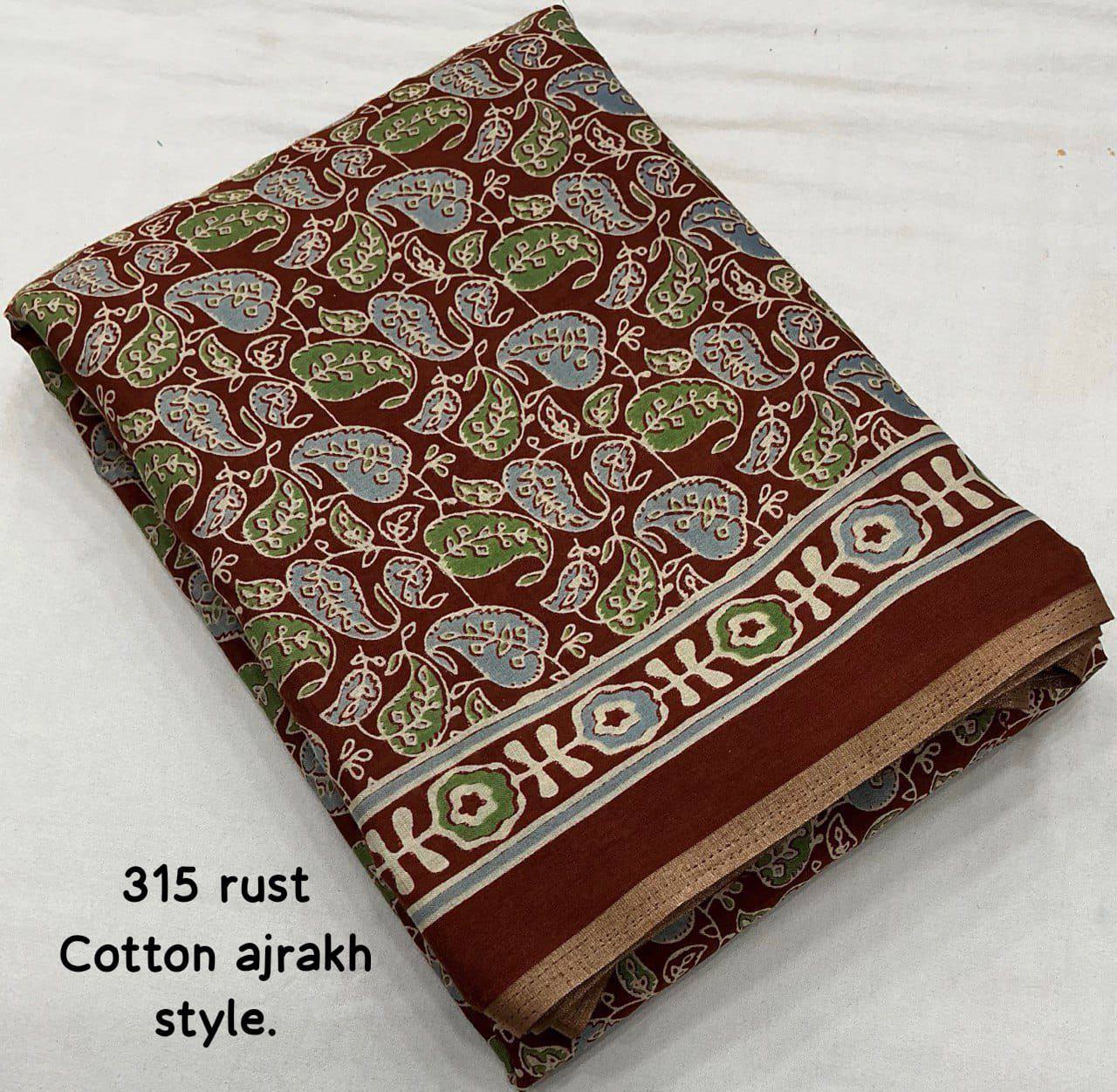 Women's Classic Zari Border and Mirror Work Ajrakh Cotton Printed Saree with Running Blouse