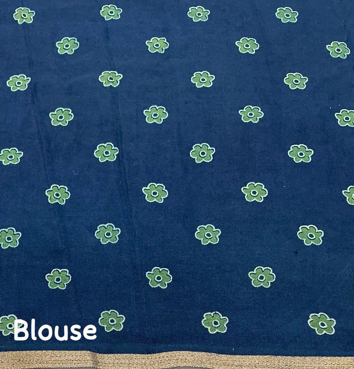 Women's Classic Zari Border and Mirror Work Ajrakh Cotton Printed Saree with Running Blouse