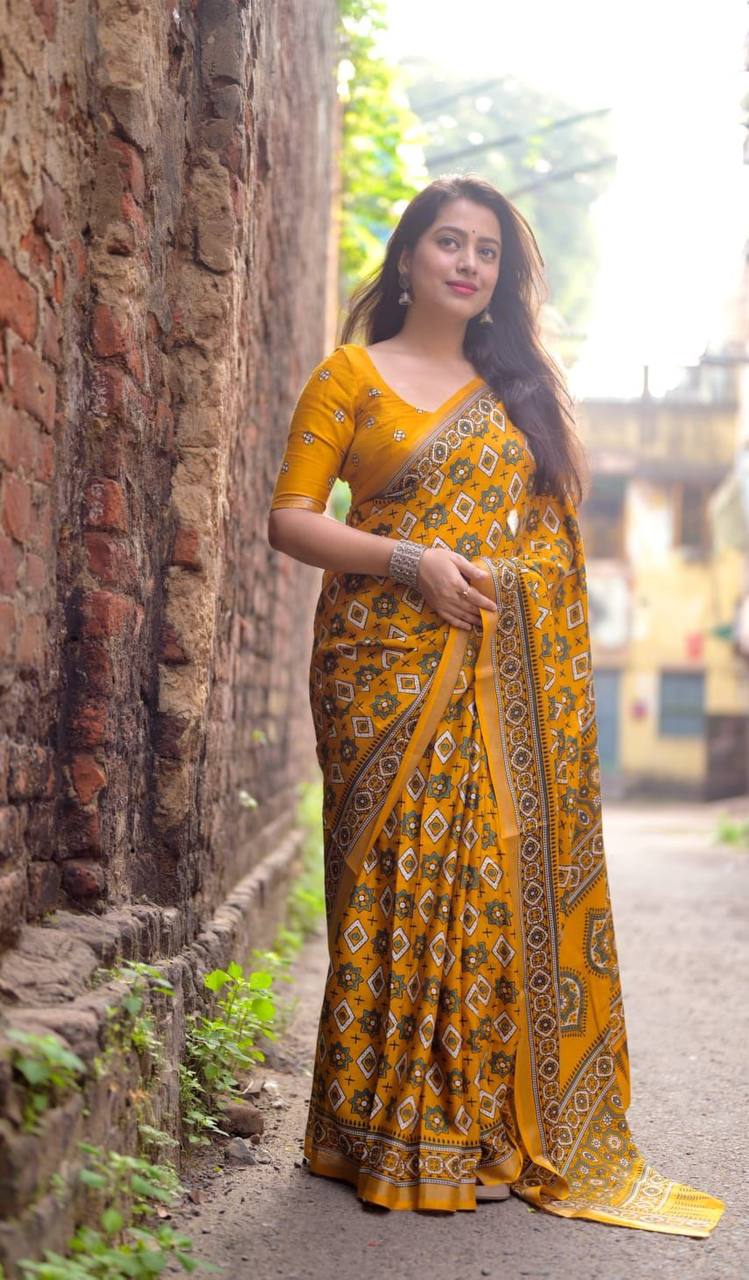 Women's Classic Zari Border and Mirror Work Ajrakh Cotton Printed Saree with Running Blouse