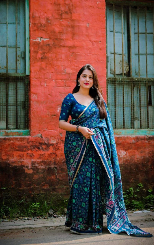 Women's Classic Zari Border and Mirror Work Ajrakh Cotton Printed Saree with Running Blouse