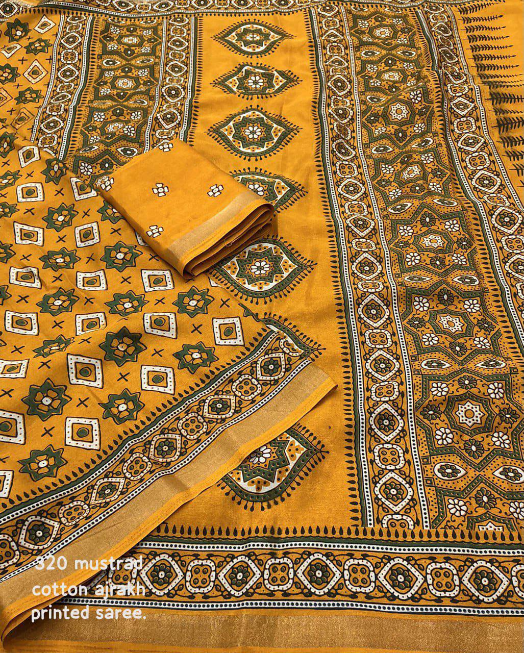 Women's Classic Zari Border and Mirror Work Ajrakh Cotton Printed Saree with Running Blouse