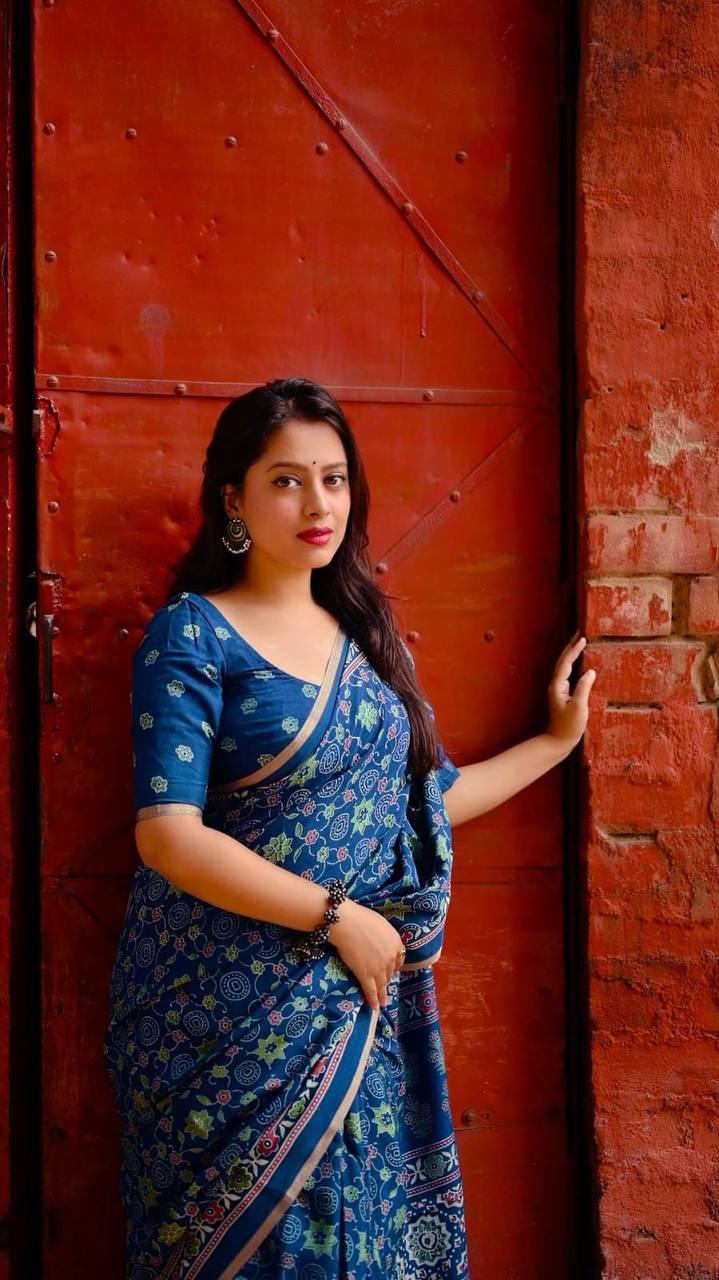 Women's Classic Zari Border and Mirror Work Ajrakh Cotton Printed Saree with Running Blouse