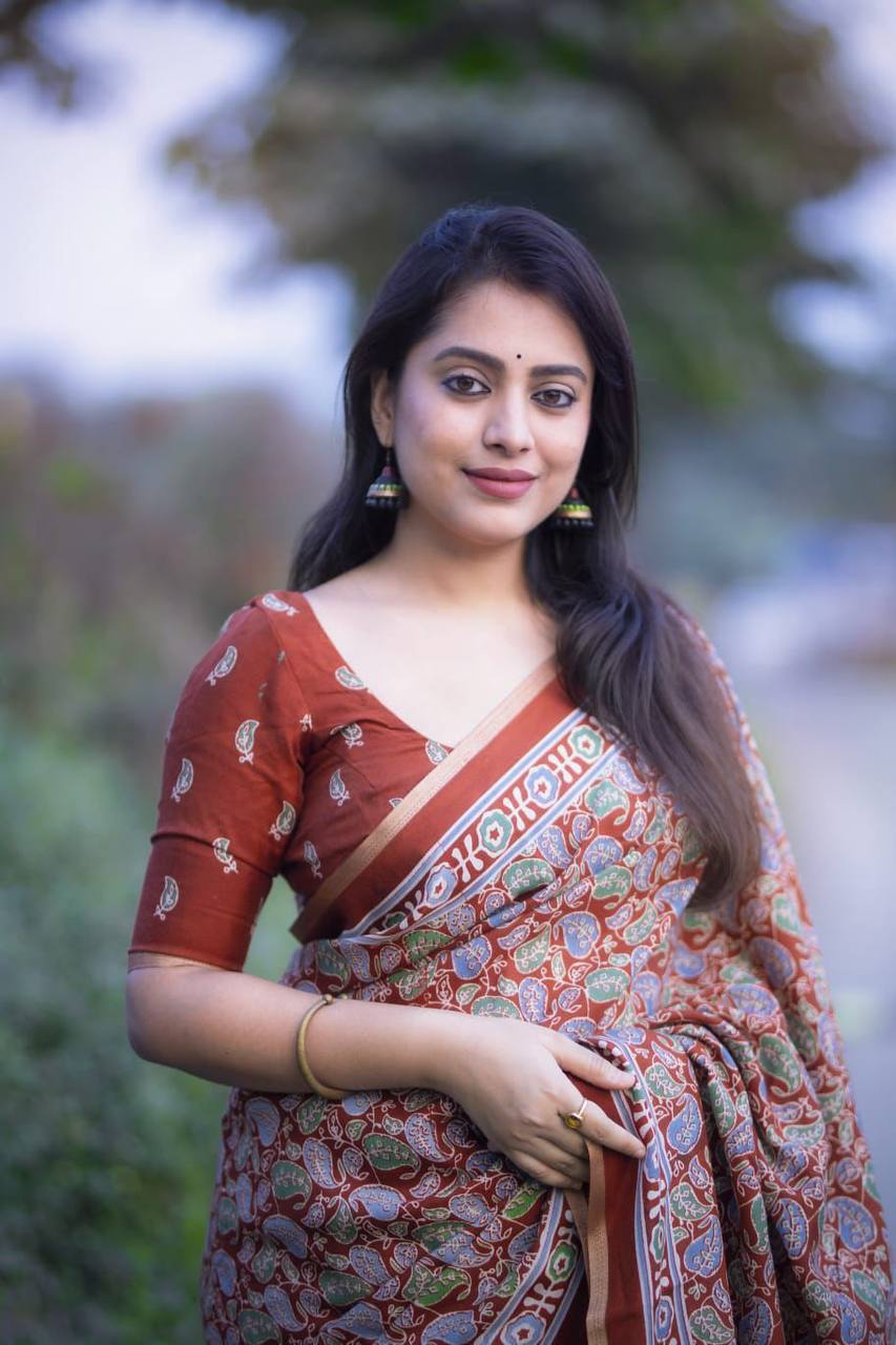 Women's Classic Zari Border and Mirror Work Ajrakh Cotton Printed Saree with Running Blouse