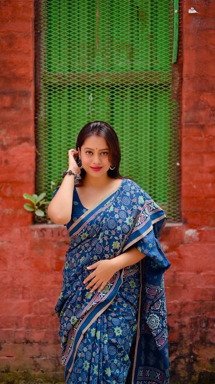 Women's Classic Zari Border and Mirror Work Ajrakh Cotton Printed Saree with Running Blouse