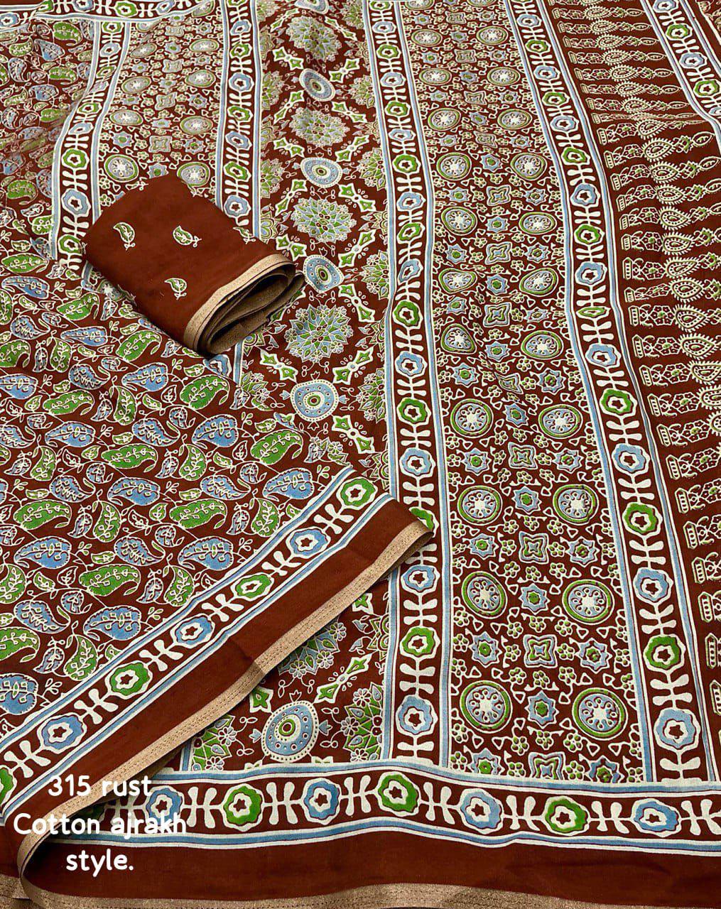 Women's Classic Zari Border and Mirror Work Ajrakh Cotton Printed Saree with Running Blouse