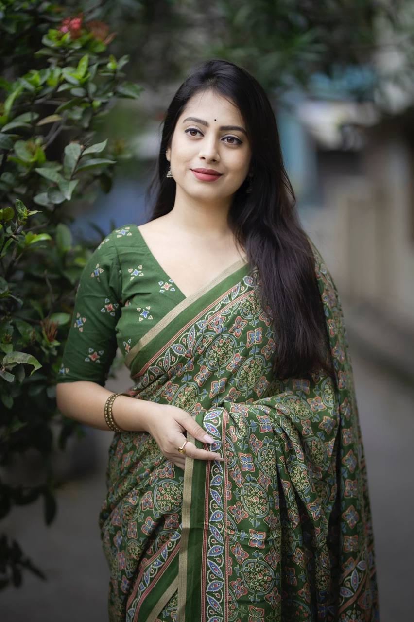 Women's Classic Zari Border and Mirror Work Ajrakh Cotton Printed Saree with Running Blouse