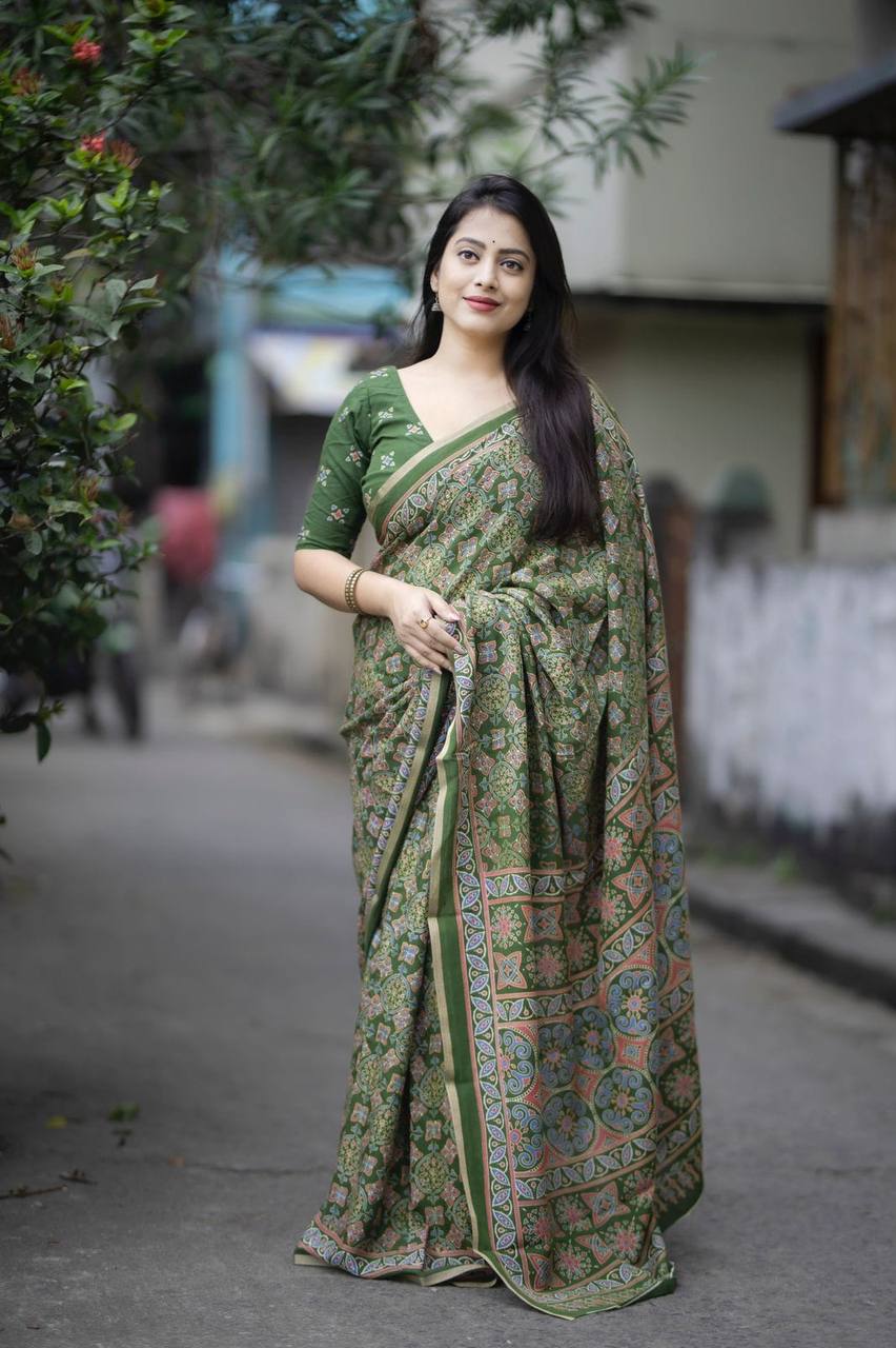 Women's Classic Zari Border and Mirror Work Ajrakh Cotton Printed Saree with Running Blouse