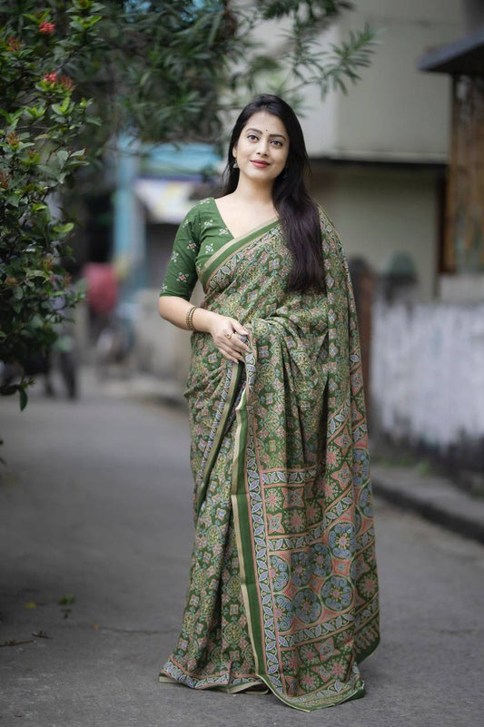 Women's Classic Zari Border and Mirror Work Ajrakh Cotton Printed Saree with Running Blouse