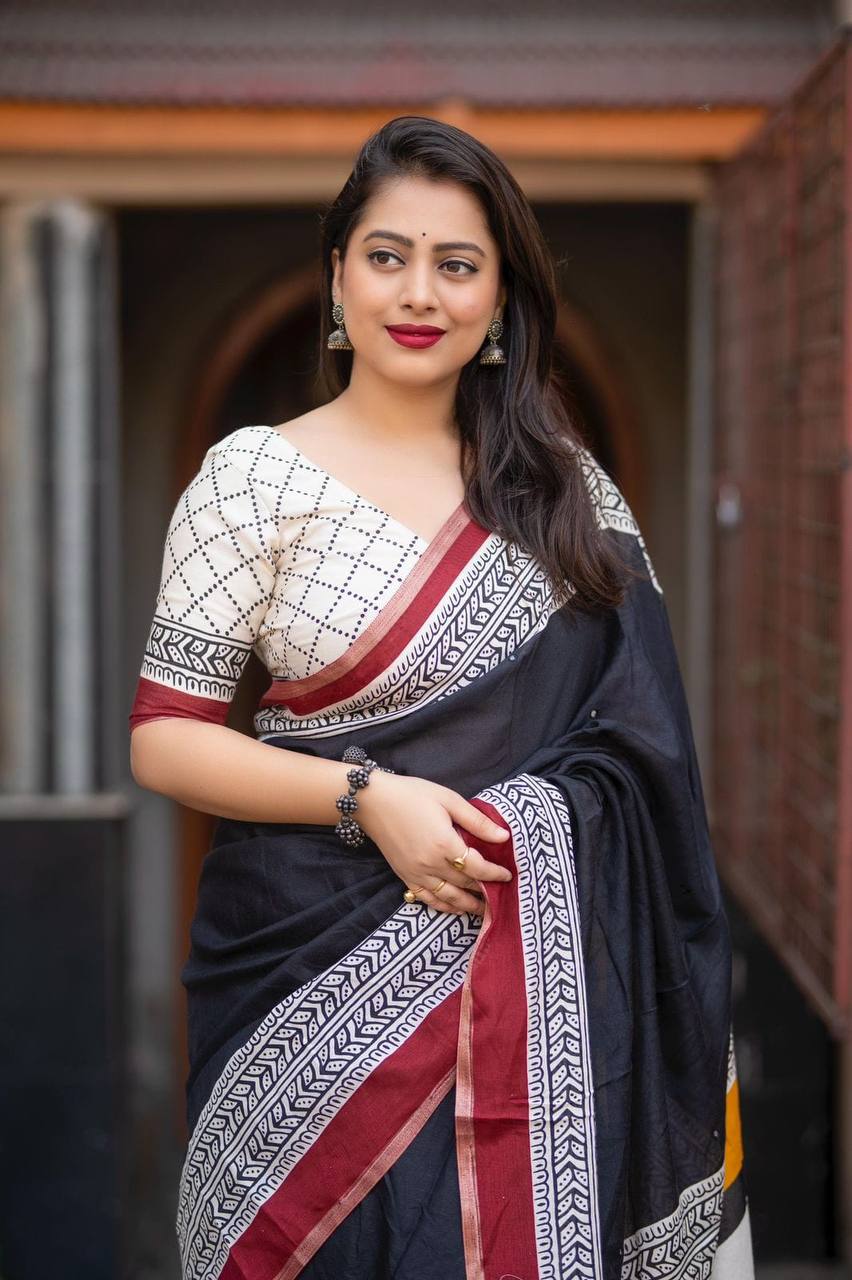 Women's Classic Zari Border and Mirror Work Ajrakh Cotton Printed Saree with Running Blouse