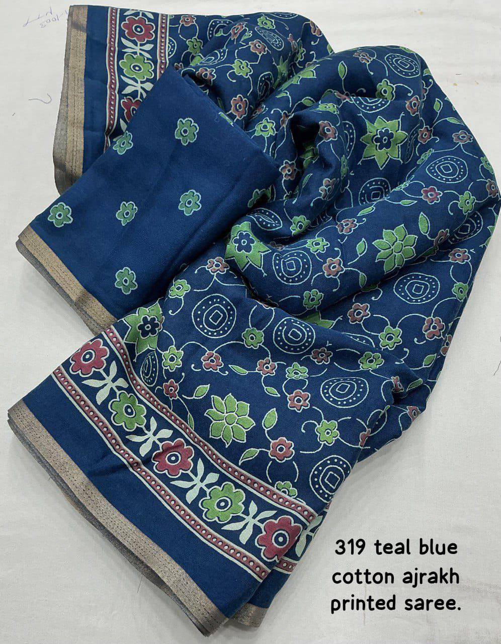 Women's Classic Zari Border and Mirror Work Ajrakh Cotton Printed Saree with Running Blouse