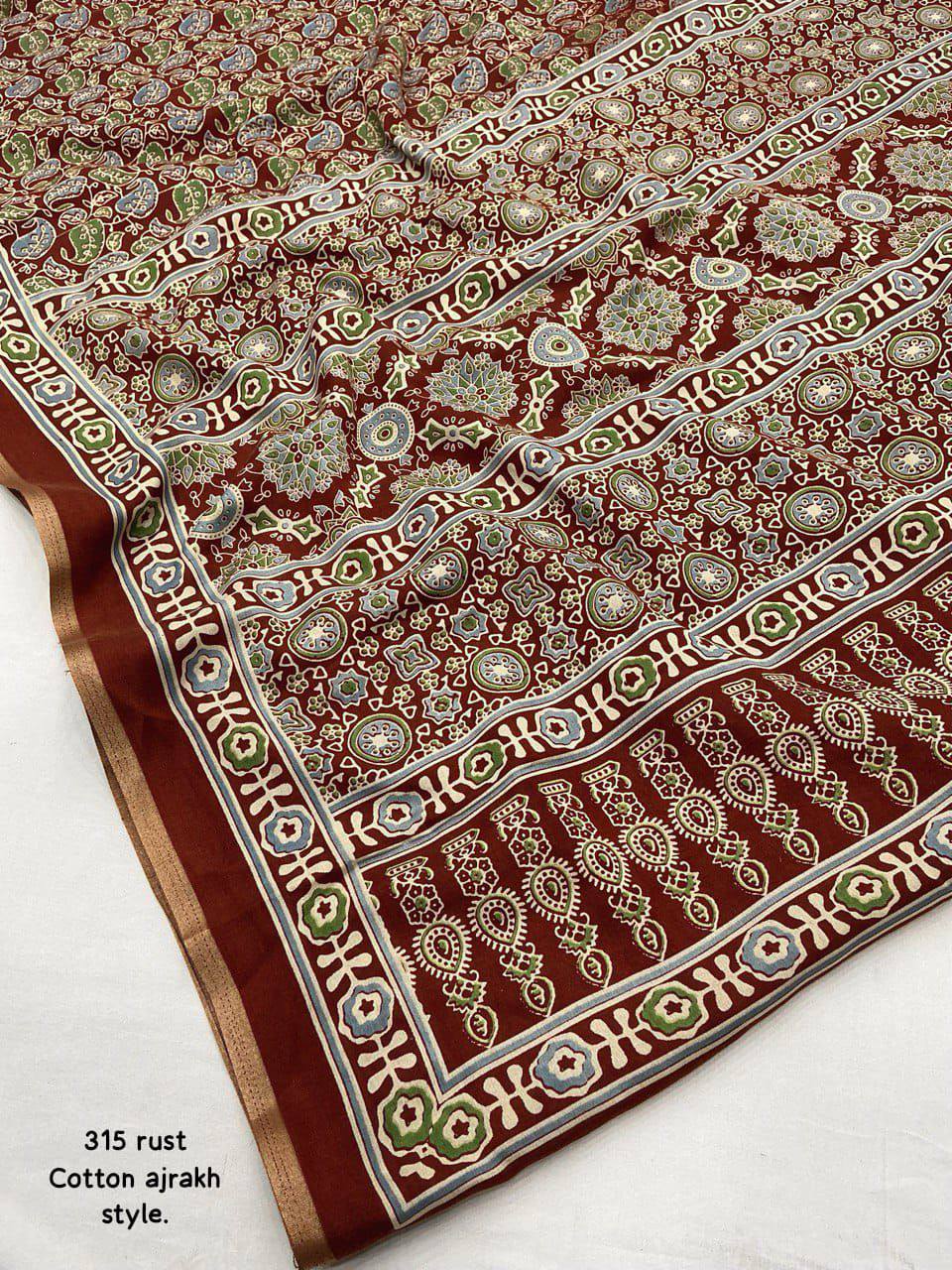 Women's Classic Zari Border and Mirror Work Ajrakh Cotton Printed Saree with Running Blouse