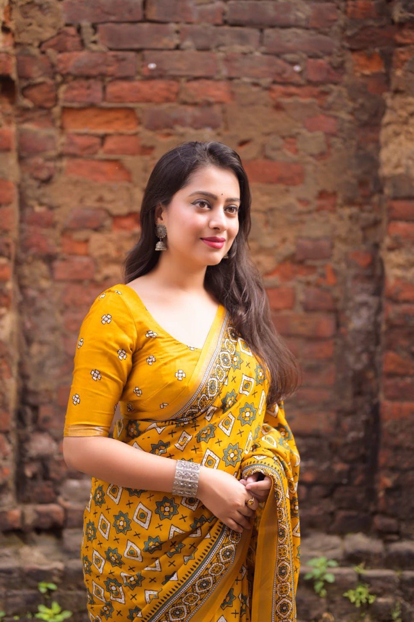 Women's Classic Zari Border and Mirror Work Ajrakh Cotton Printed Saree with Running Blouse