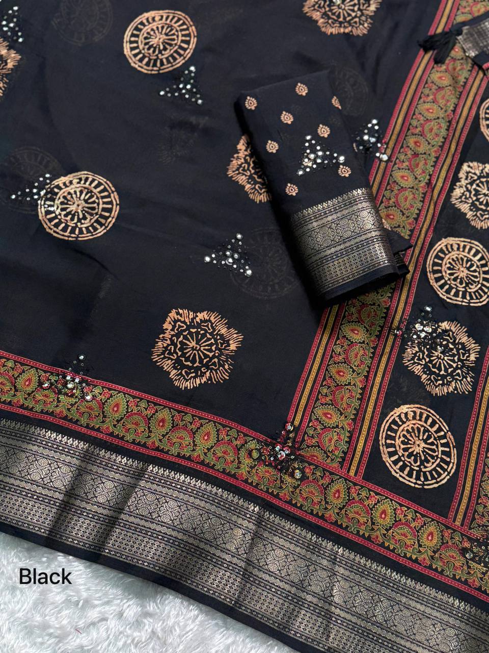 Designer Mirror Work & Zari Jacquard Border Ajrakh Print Pure Mul Cotton Saree with Blouse