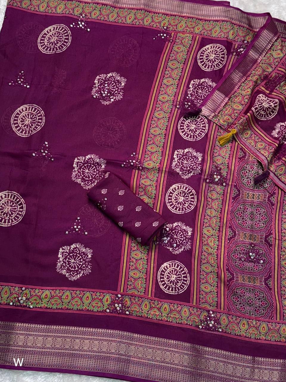 Designer Mirror Work & Zari Jacquard Border Ajrakh Print Pure Mul Cotton Saree with Blouse