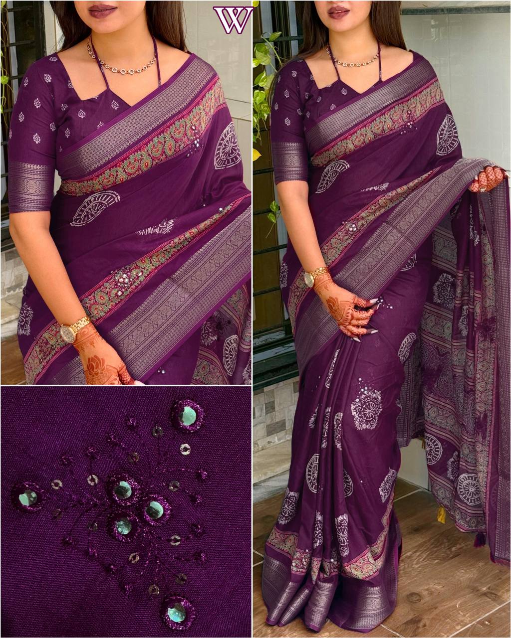 Designer Mirror Work & Zari Jacquard Border Ajrakh Print Pure Mul Cotton Saree with Blouse